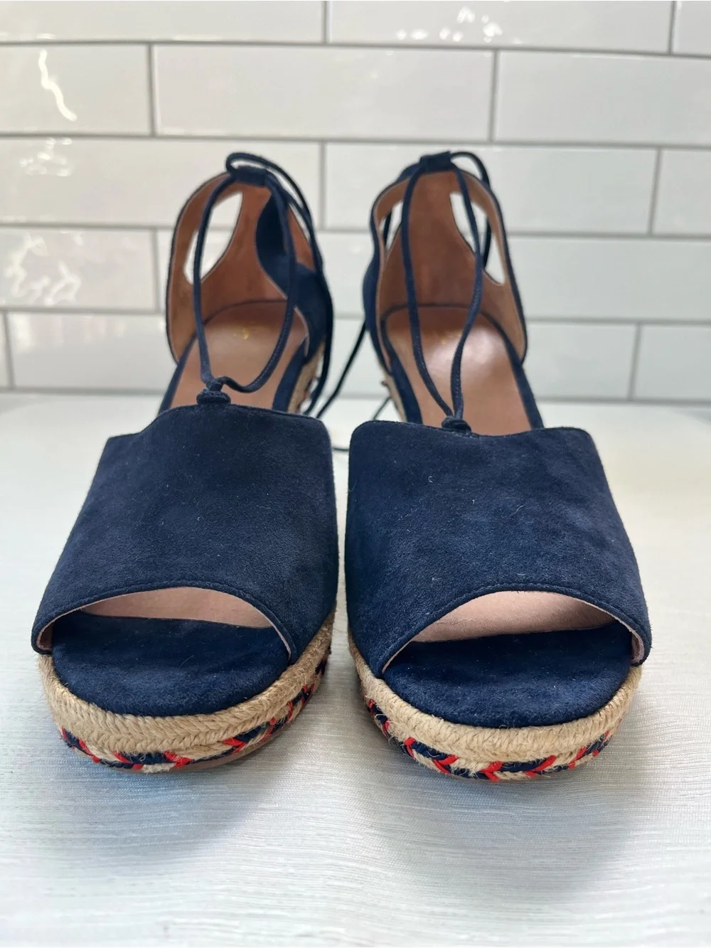 CAbi Navy Suede Lace-Up Espadrille Wedge Sandals